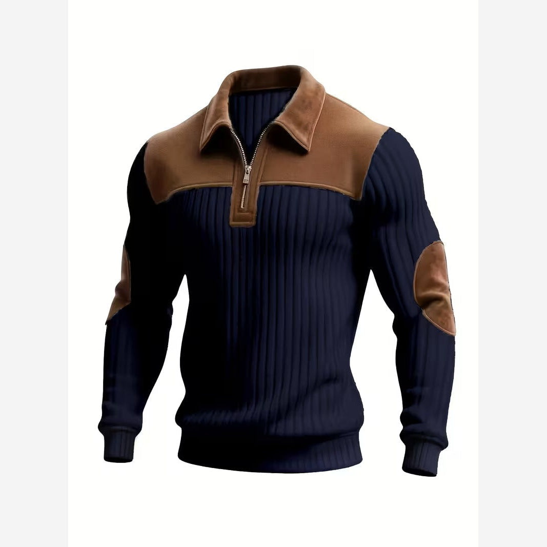 Barnaby Contrast Yoke Quarter-Zip Jumper – Men's Collared Elbow Patch Knit Sweater