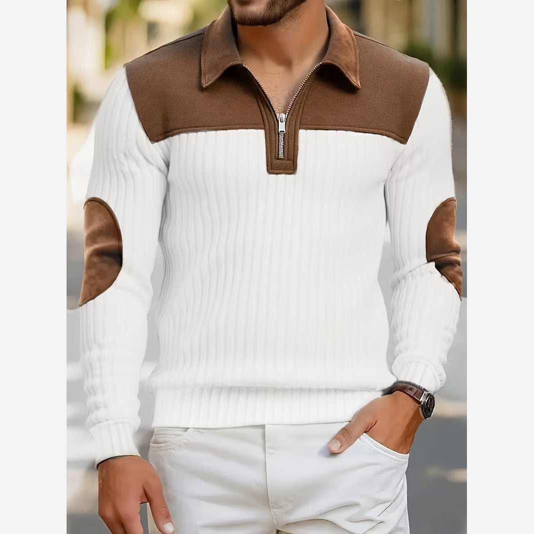 Barnaby Contrast Yoke Quarter-Zip Jumper – Men's Collared Elbow Patch Knit Sweater
