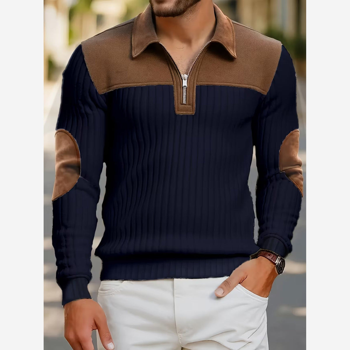 Barnaby Contrast Yoke Quarter-Zip Jumper – Men's Collared Elbow Patch Knit Sweater