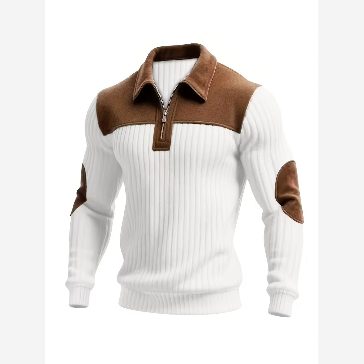 Barnaby Contrast Yoke Quarter-Zip Jumper – Men's Collared Elbow Patch Knit Sweater