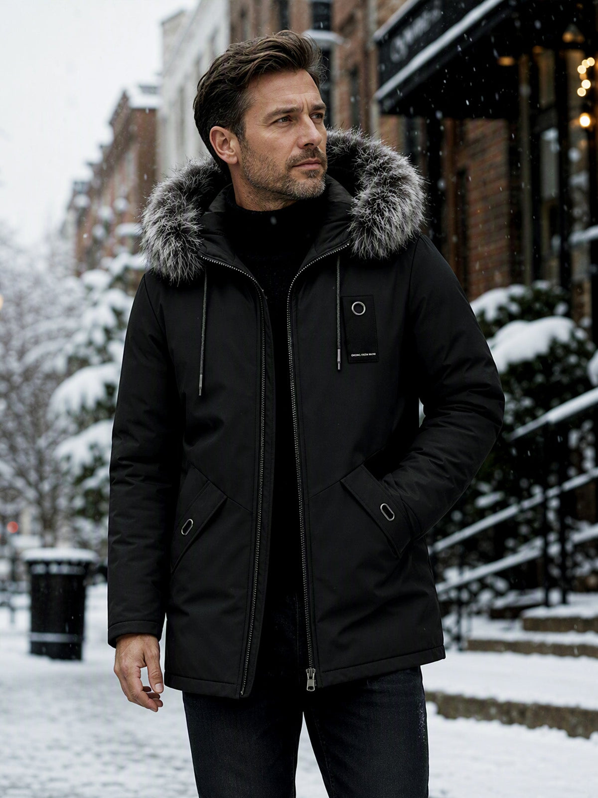 Bastian Hooded Padded Parka – Detachable Plush Hood Mid-Length Multi-Pocket – Black