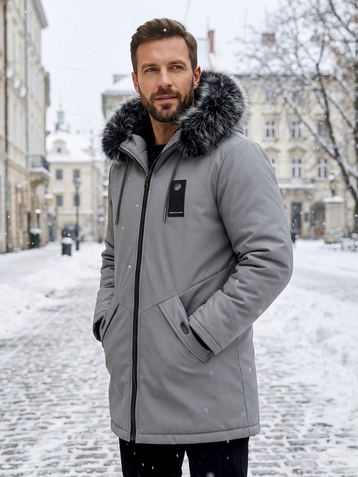 Bastian Hooded Padded Parka – Detachable Plush Hood Mid-Length Multi-Pocket – Grey