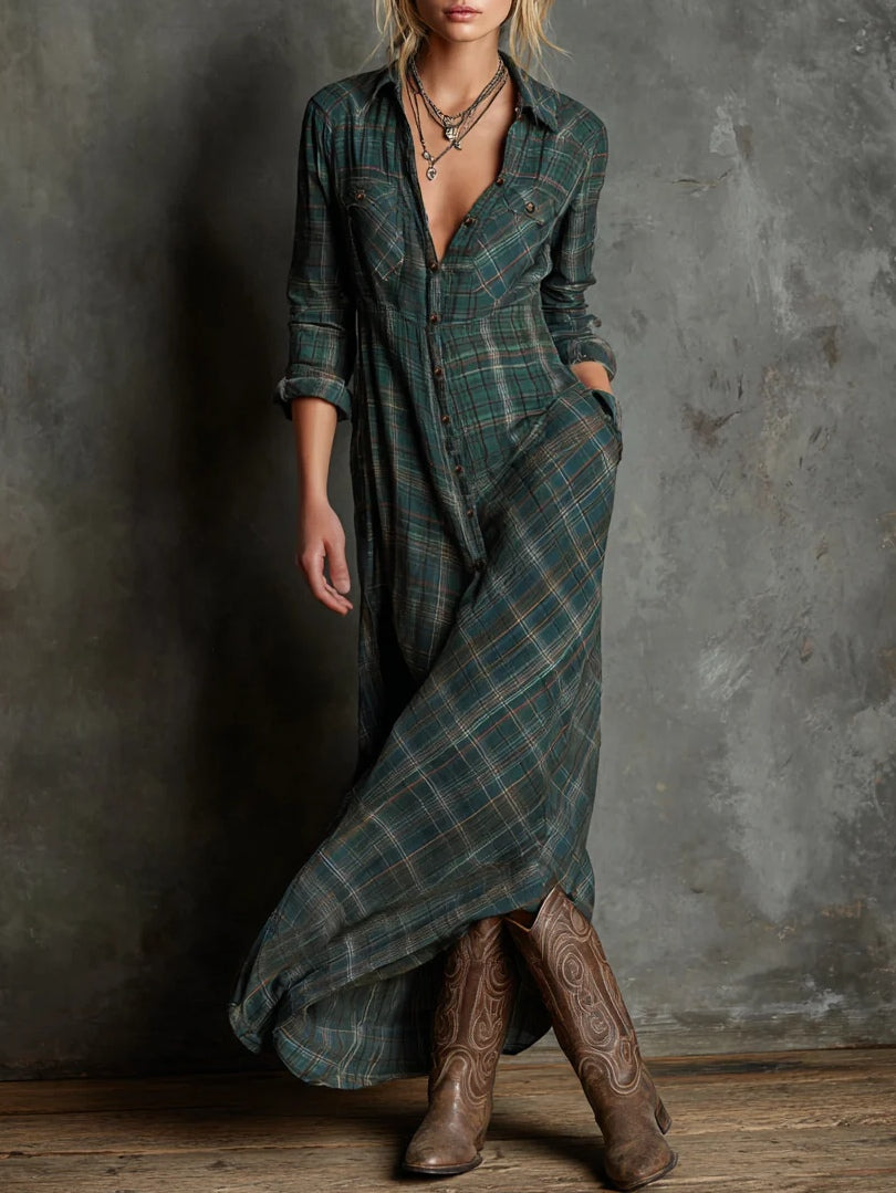Briony Plaid Lapel Collar Shirt Maxi Dress - Green