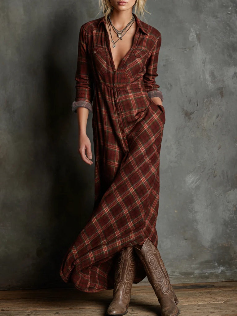 Briony Plaid Lapel Collar Shirt Maxi Dress - Reddish Brown
