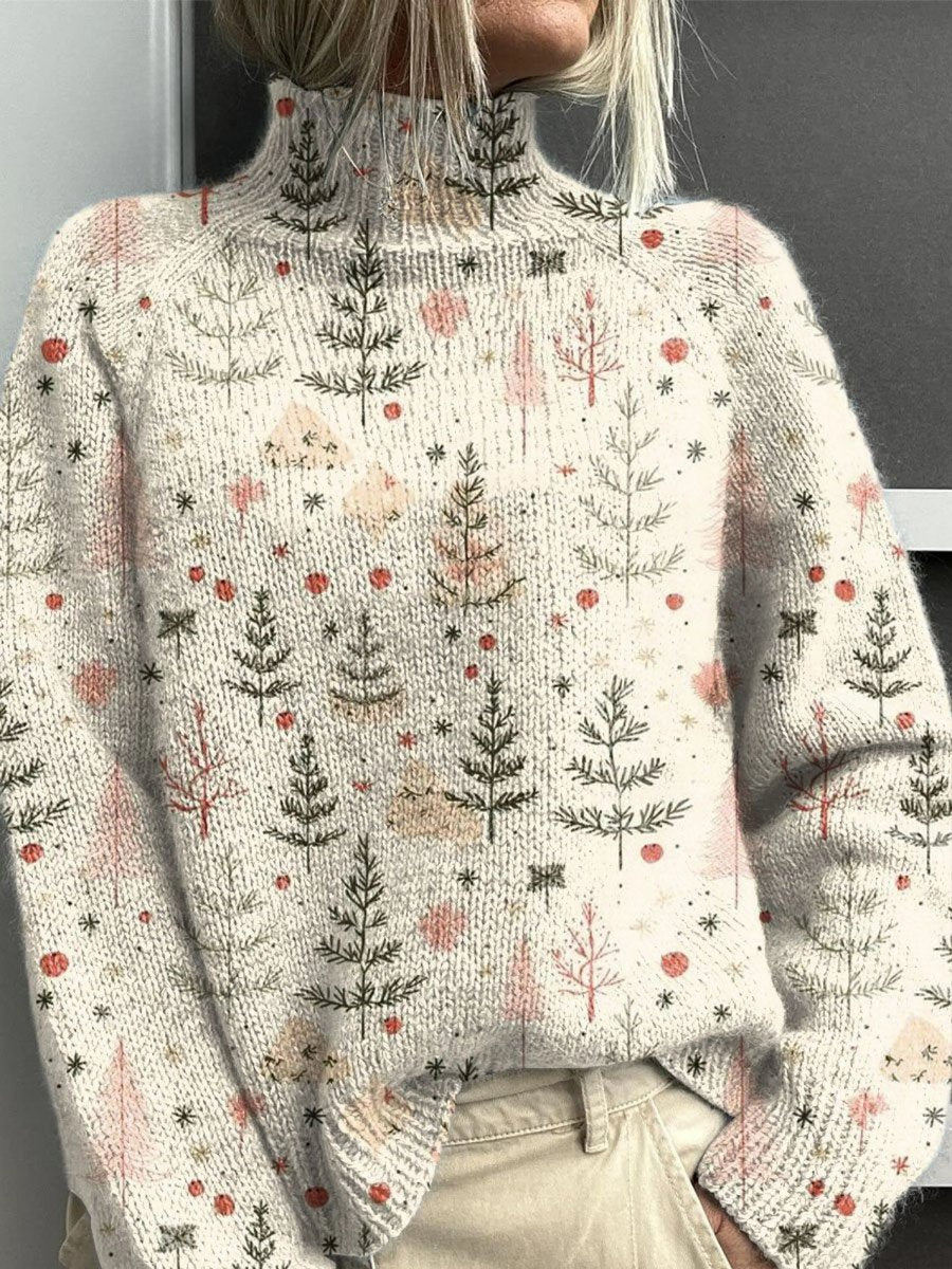Calista Christmas Tree Print Turtleneck – Women's Festive Roll Neck Jumper