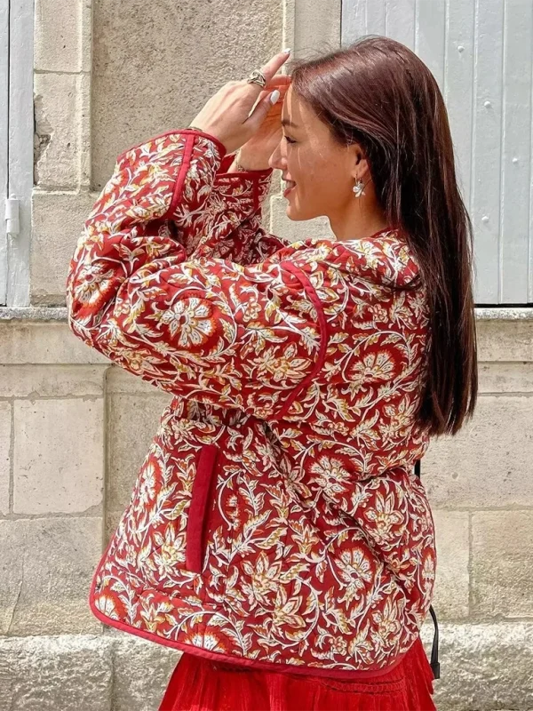 Calla Floral Quilted Zip-Front Jacket – V-Neck Long Sleeve Hip Length | Dorvelli