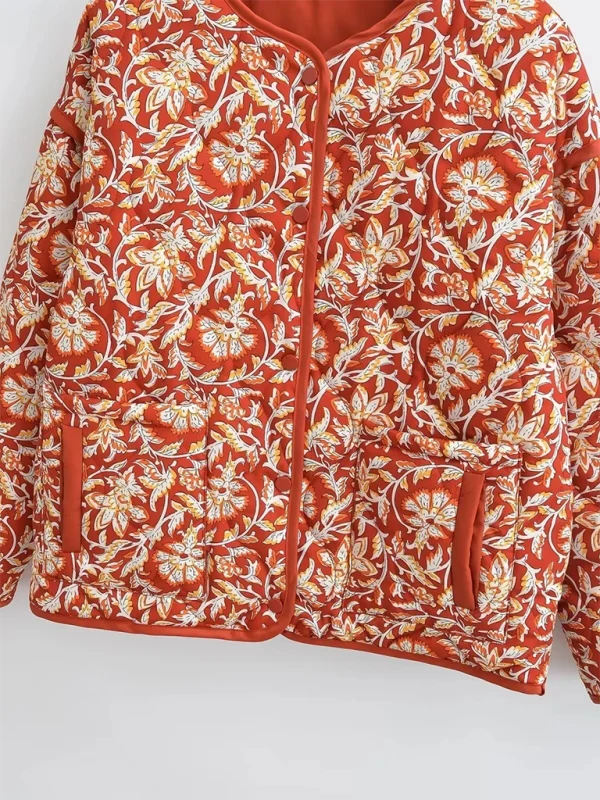 Calla Floral Quilted Zip-Front Jacket – V-Neck Long Sleeve Hip Length | Dorvelli