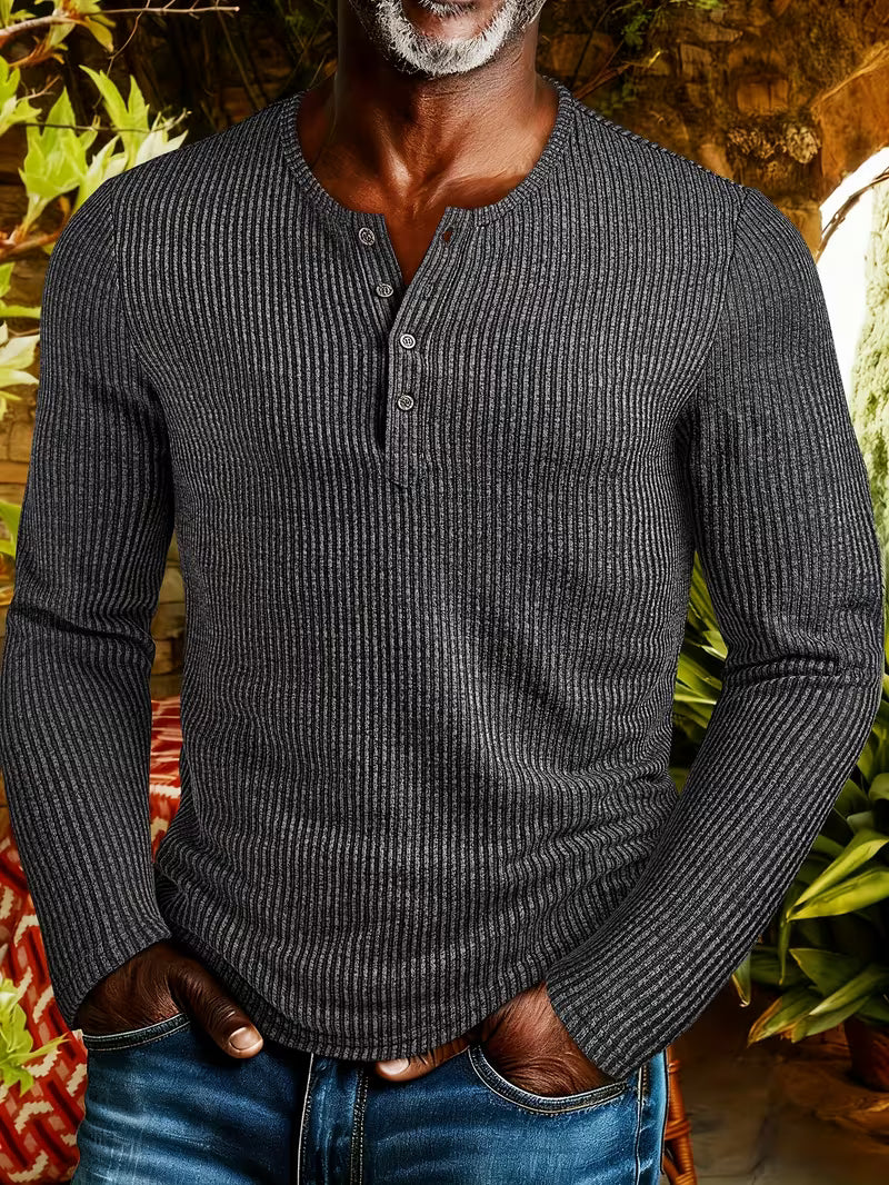 Callum Henley Knit Jumper – Button Placket Textured Long Sleeve Pullover