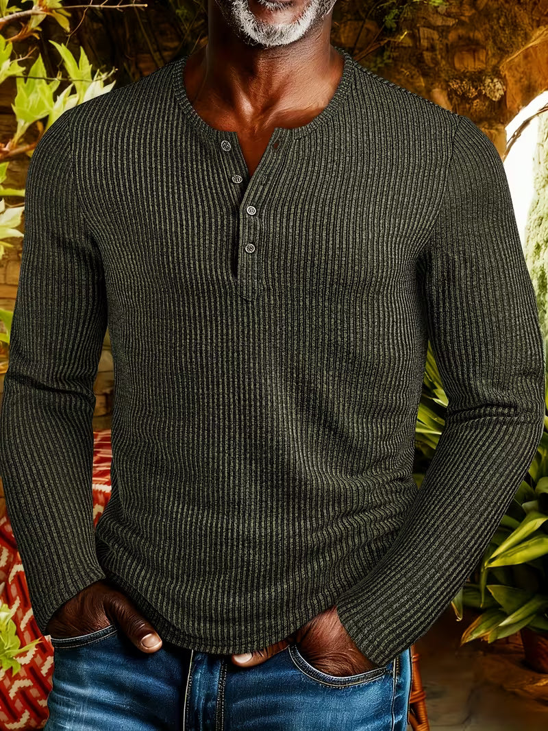 Callum Henley Knit Jumper – Button Placket Textured Long Sleeve Pullover