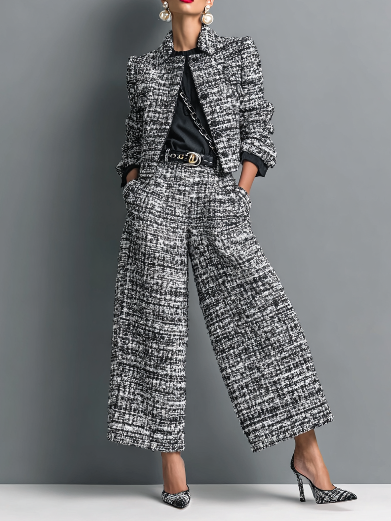 Camille Textured Blazer and Wide-Leg Trousers Set – Lapel Collar Long Sleeve Co-ord – Black