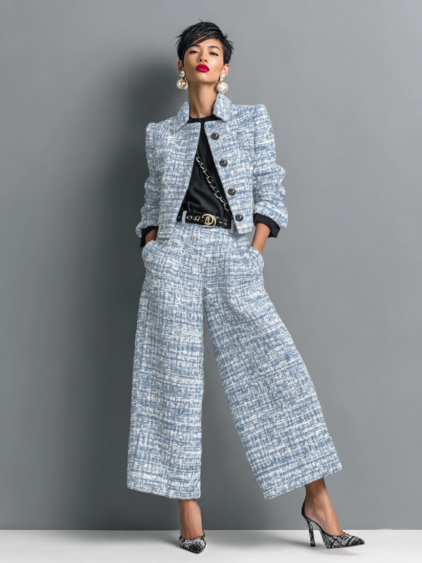 Camille Textured Blazer and Wide-Leg Trousers Set – Lapel Collar Long Sleeve Co-ord – Blue