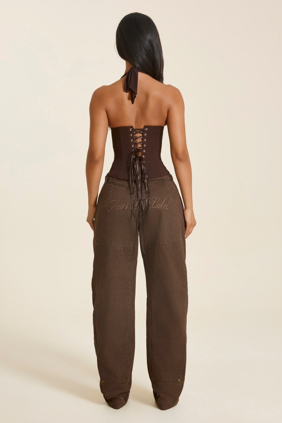 Carmela Halterneck Corset Top – Tie-Back Hook Front Boned Bodice - Brown