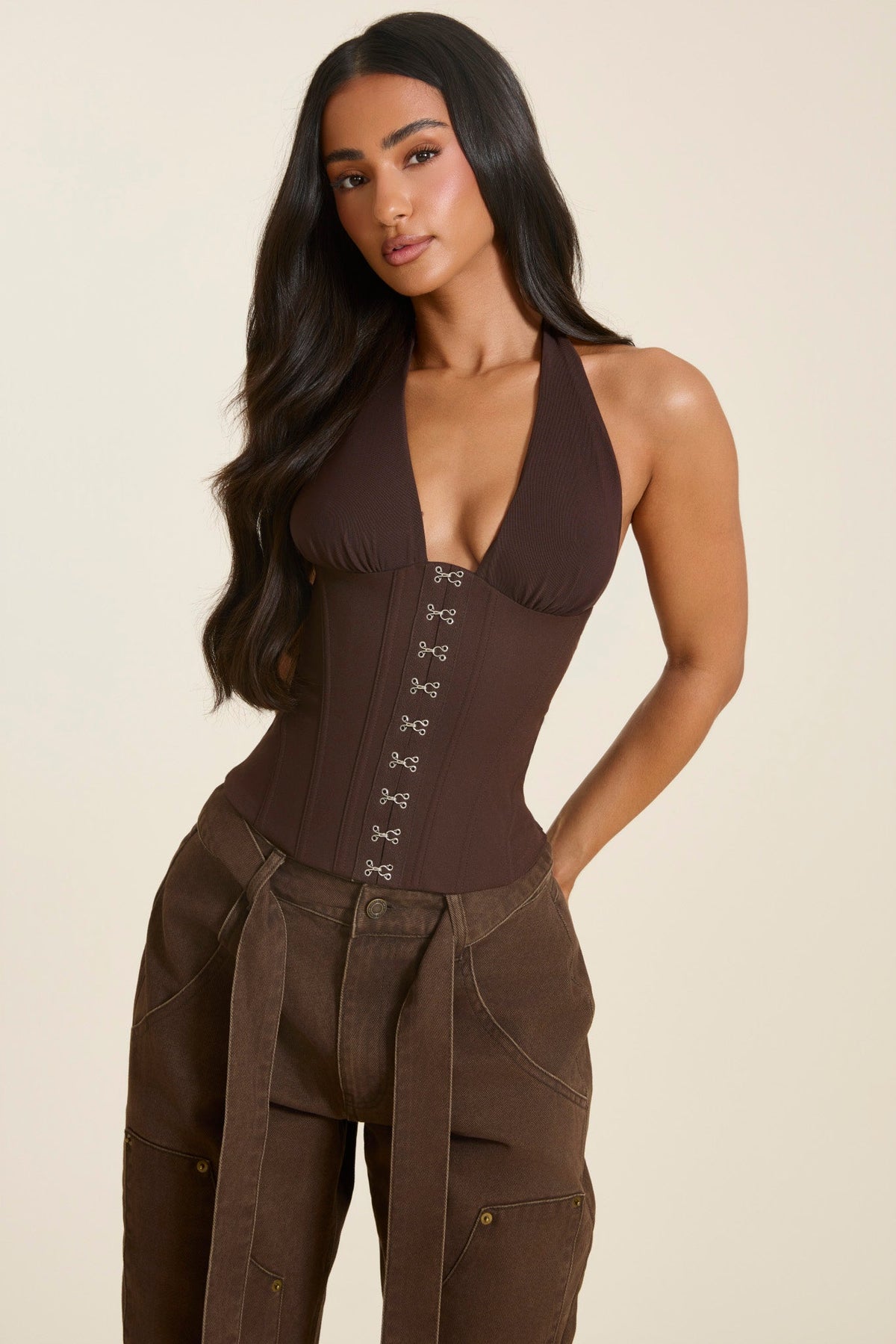 Carmela Halterneck Corset Top – Tie-Back Hook Front Boned Bodice - Brown