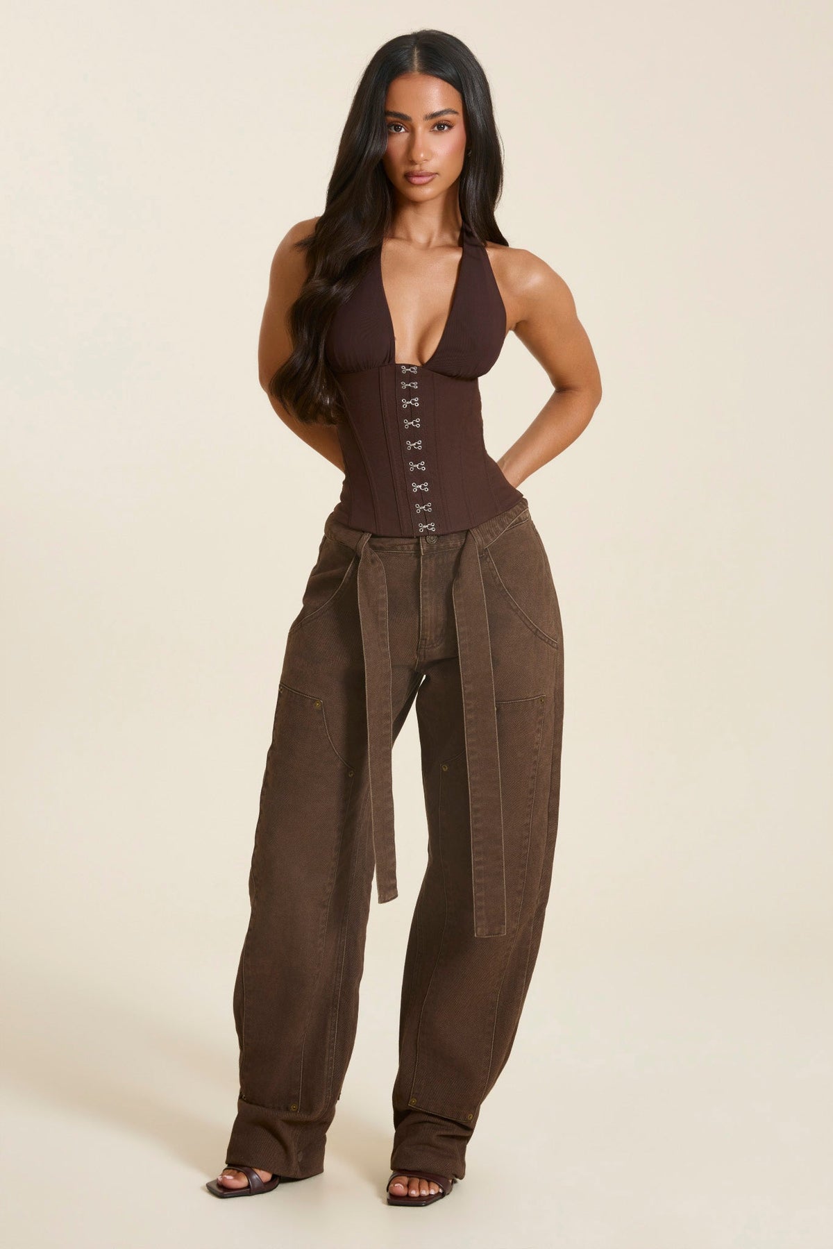 Carmela Halterneck Corset Top – Tie-Back Hook Front Boned Bodice - Brown