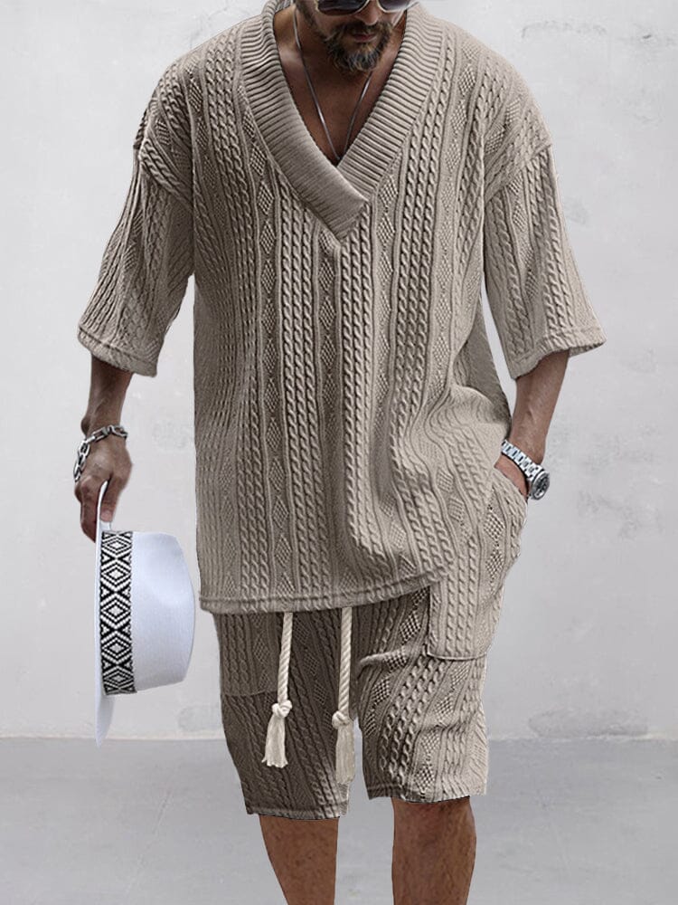 Cassian Cable Knit Shirt and Shorts Set Khaki