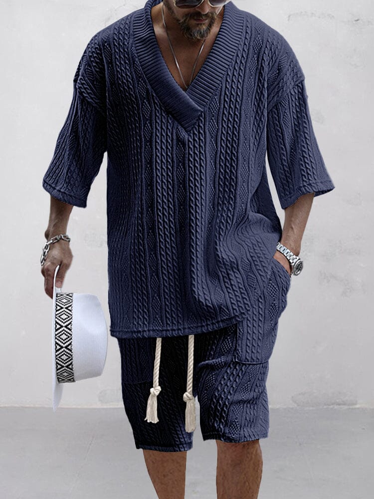 Cassian Cable Knit Shirt and Shorts Set Navy