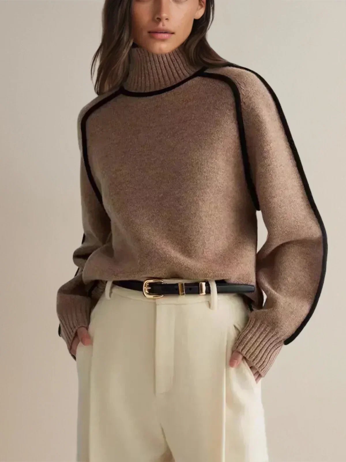 Clemency Contrast Piped Turtleneck Sweater – Women's Raglan Sleeve Knit Jumper