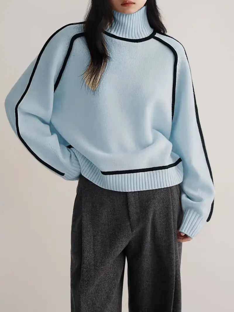 Clemency Contrast Piped Turtleneck Sweater – Women's Raglan Sleeve Knit Jumper