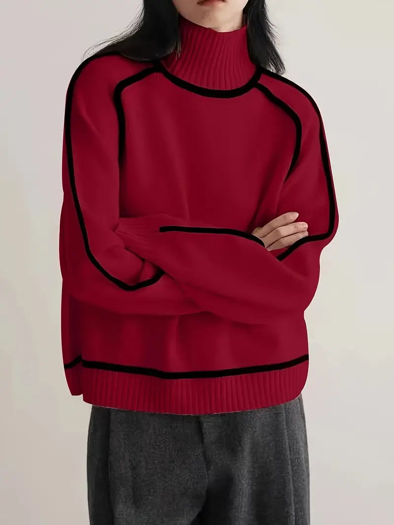 Clemency Contrast Piped Turtleneck Sweater – Women's Raglan Sleeve Knit Jumper