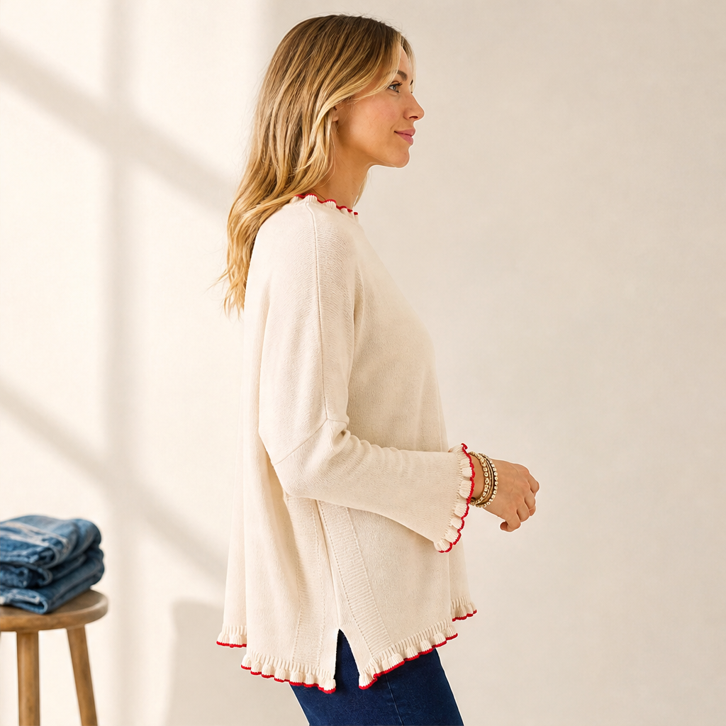 Clementine Ruffle Trim Jumper – Contrast Edge Crew Neck Knit Pullover