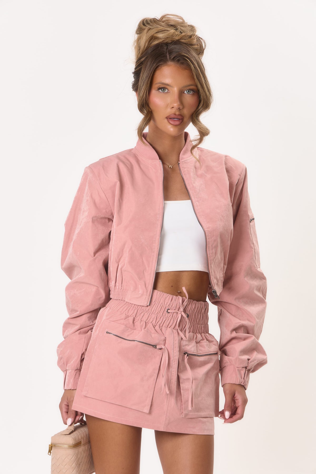 Coralie Cropped Bomber Jacket – Dusty Pink