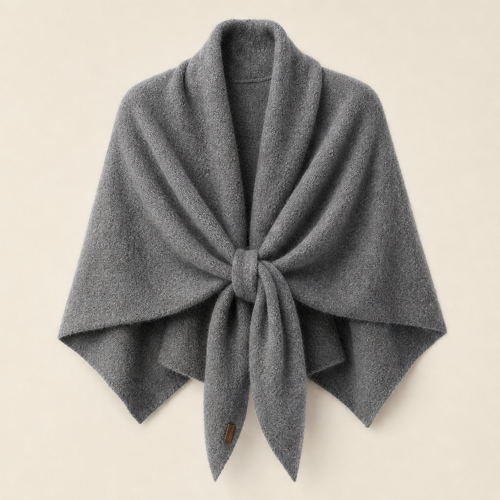 Cordelia Triangle Wrap Shawl – Tie-Front Knitted Scarf – Grey
