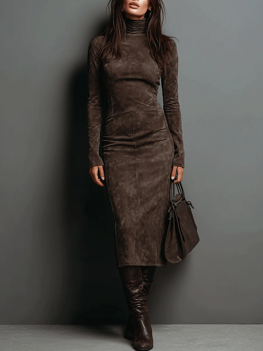 Corinne High Neck Long Sleeve Midi Dress - Coffee