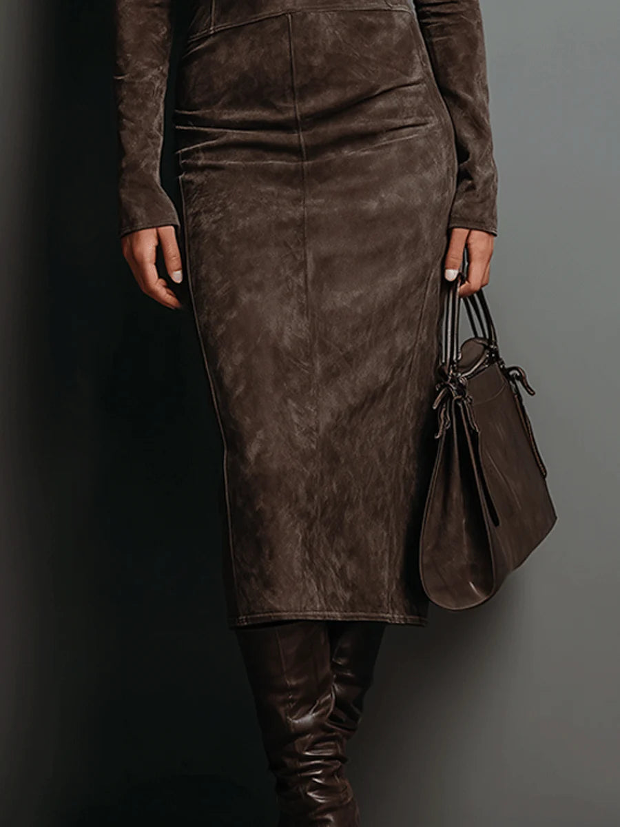 Corinne High Neck Long Sleeve Midi Dress - Coffee