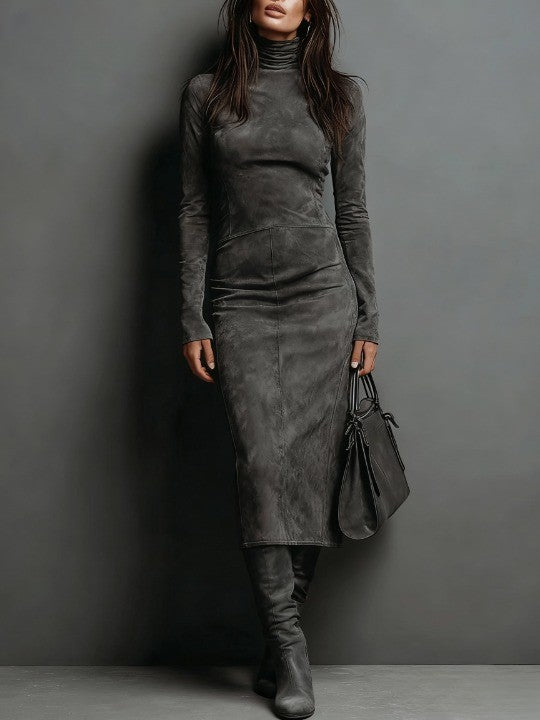 Corinne High Neck Long Sleeve Midi Dress - Dark Grey