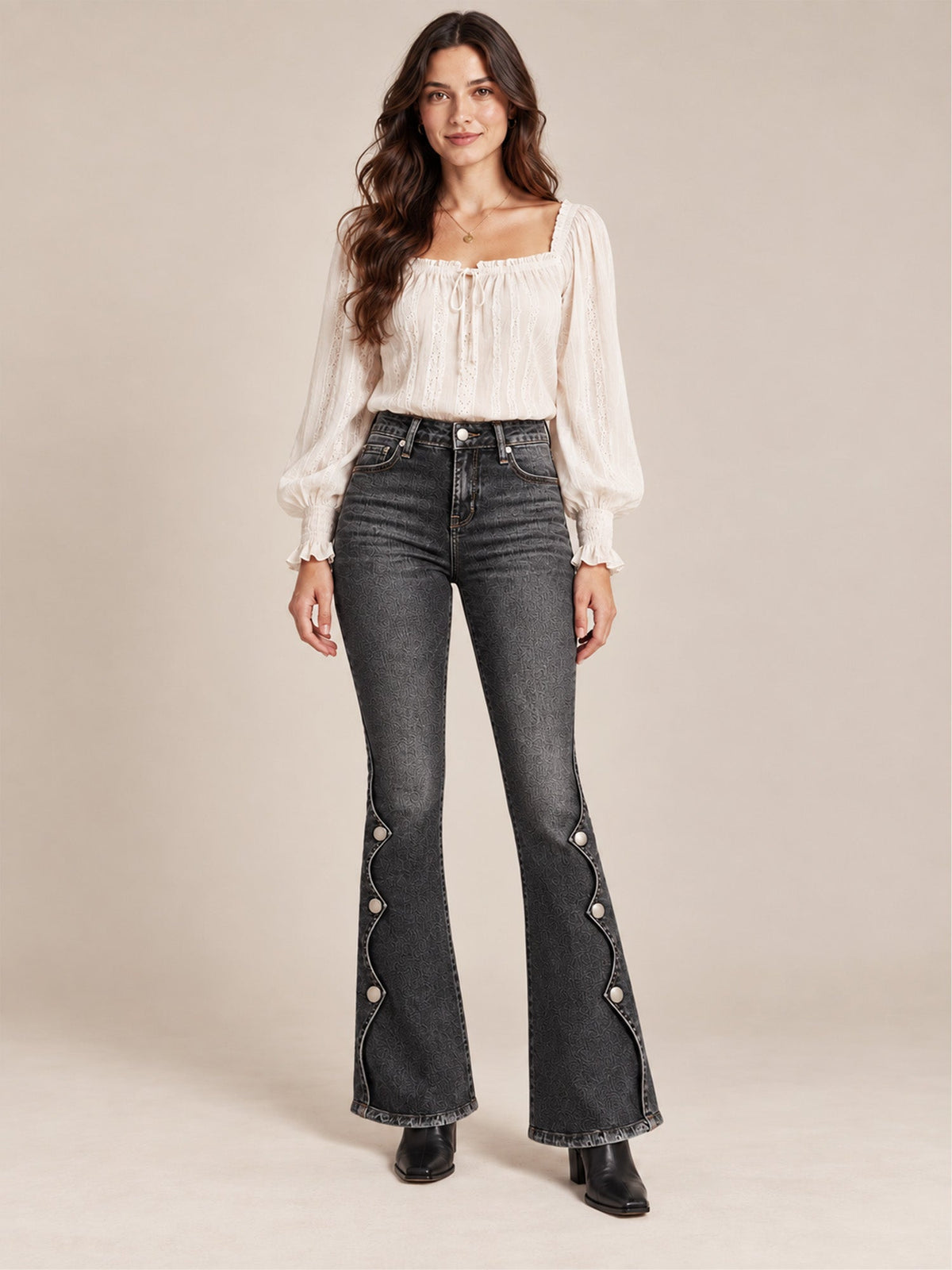 Cosima High Waist Flare Jeans – Scalloped Button Side Raw Hem - Black