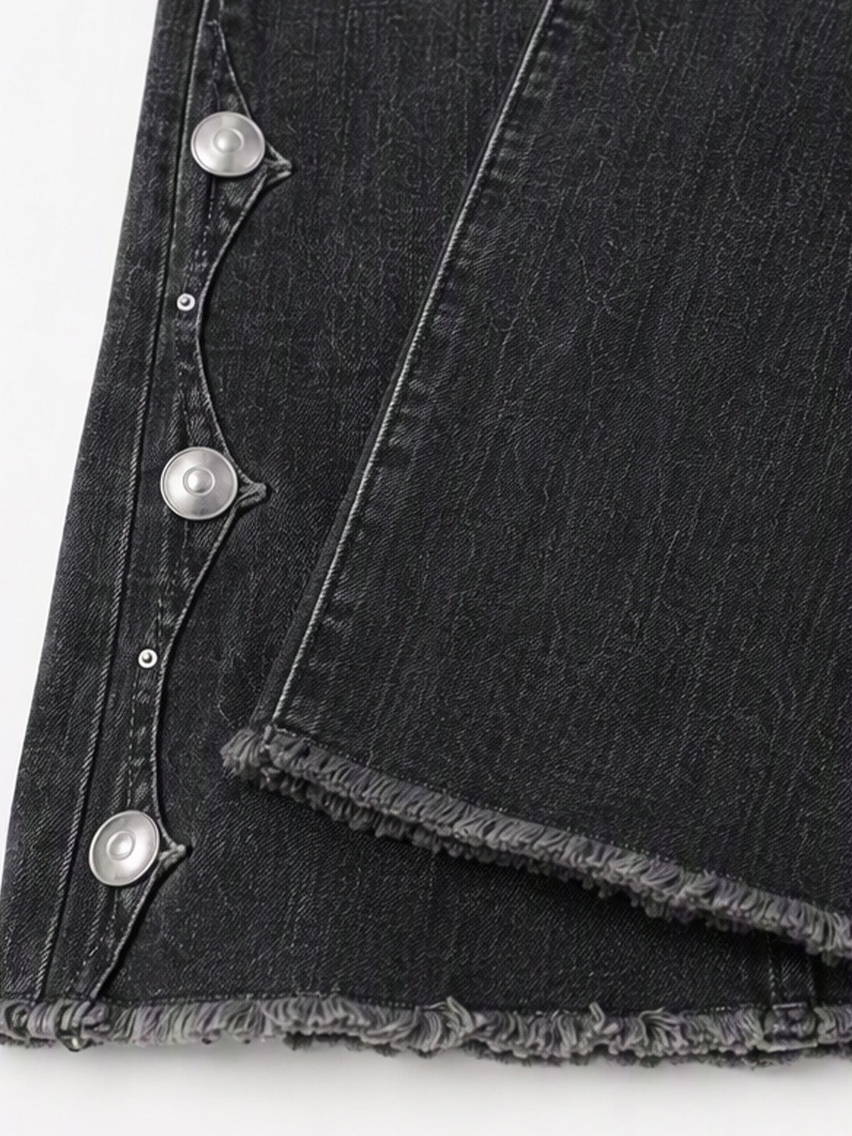 Cosima High Waist Flare Jeans – Scalloped Button Side Raw Hem - Black