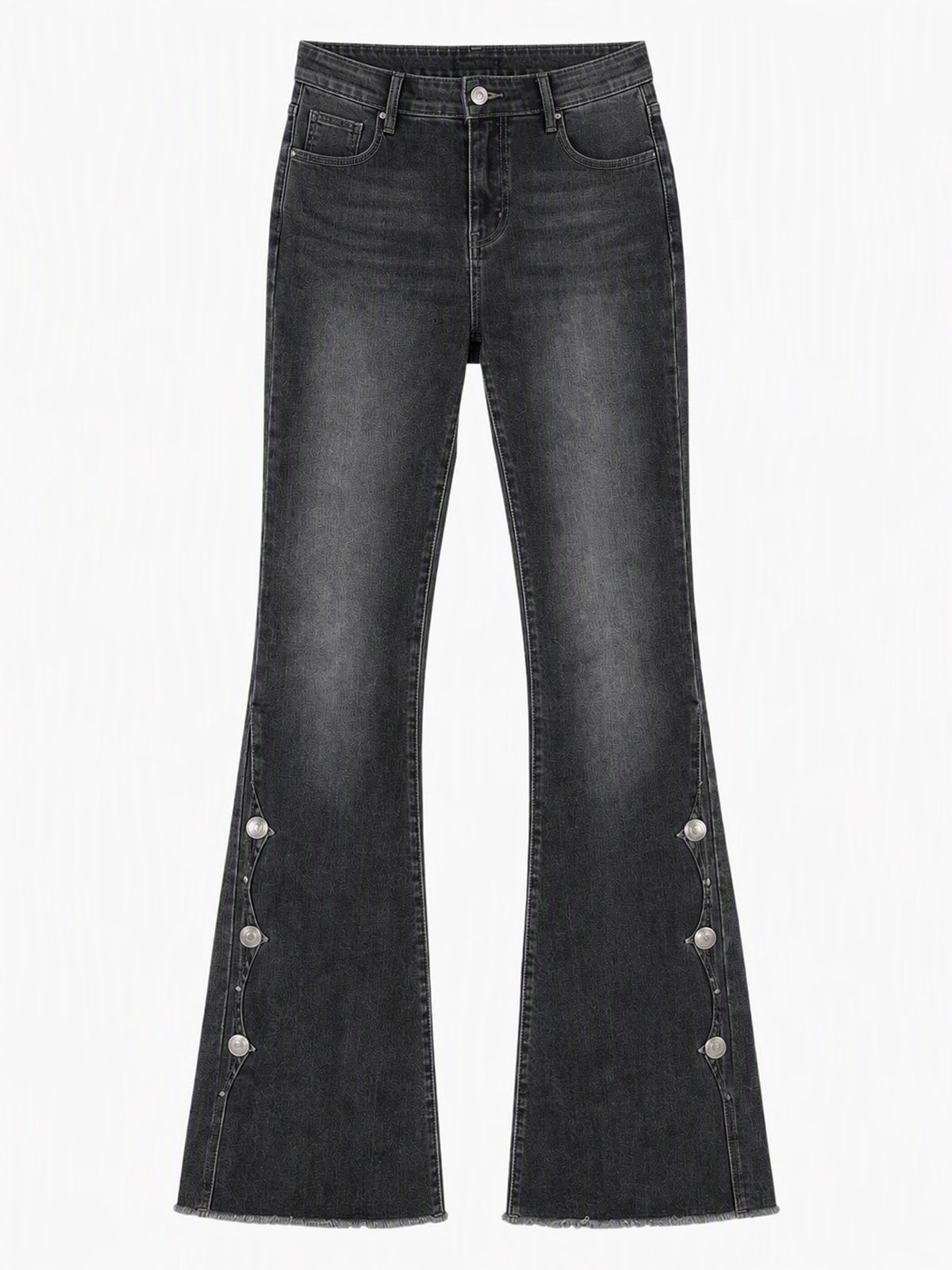 Cosima High Waist Flare Jeans – Scalloped Button Side Raw Hem - Black