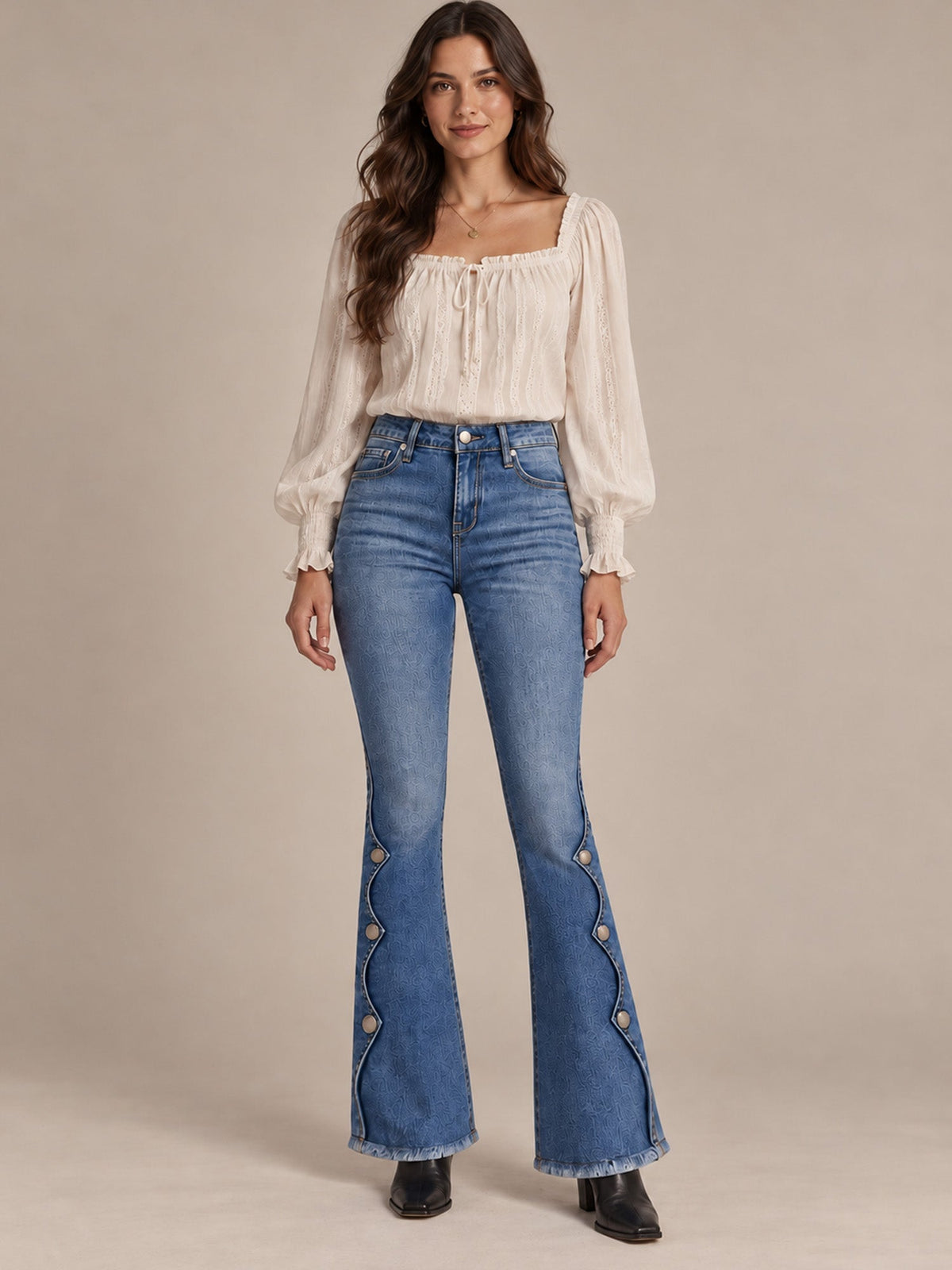 Cosima High Waist Flare Jeans – Scalloped Button Side Raw Hem - Blue