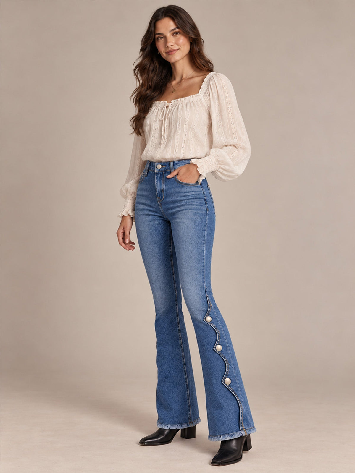 Cosima High Waist Flare Jeans – Scalloped Button Side Raw Hem - Blue