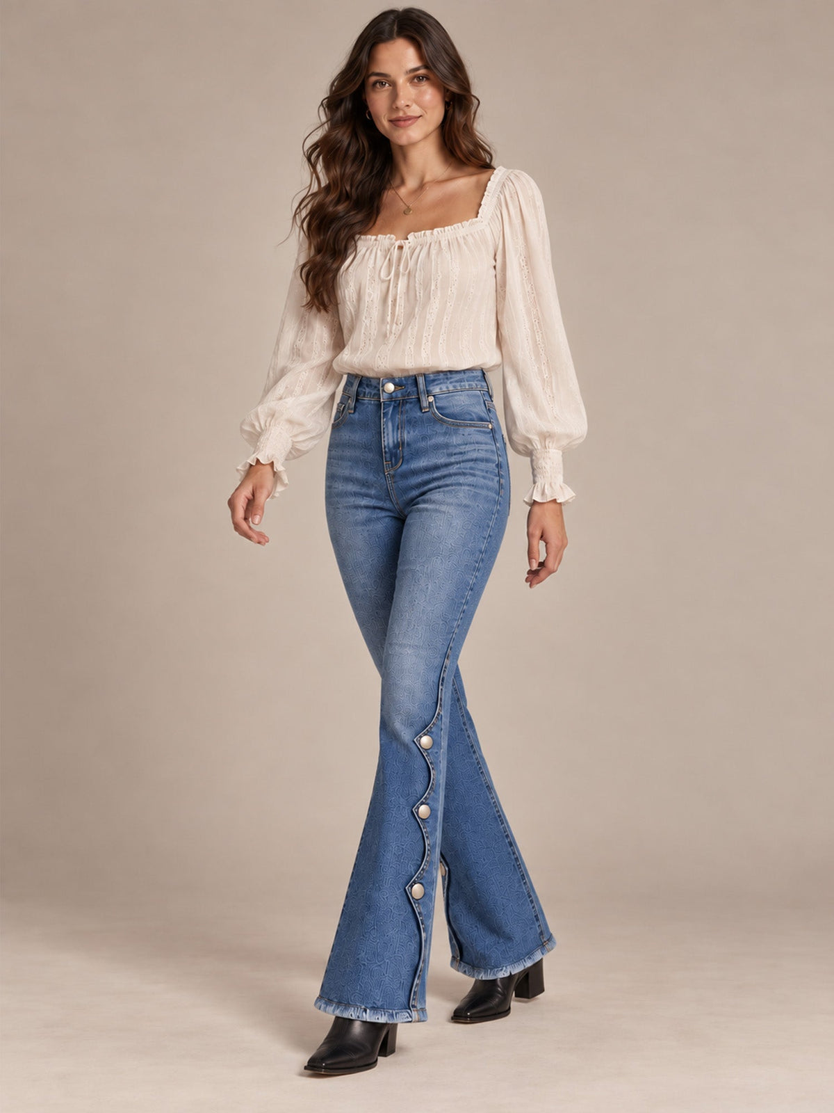 Cosima High Waist Flare Jeans – Scalloped Button Side Raw Hem - Blue