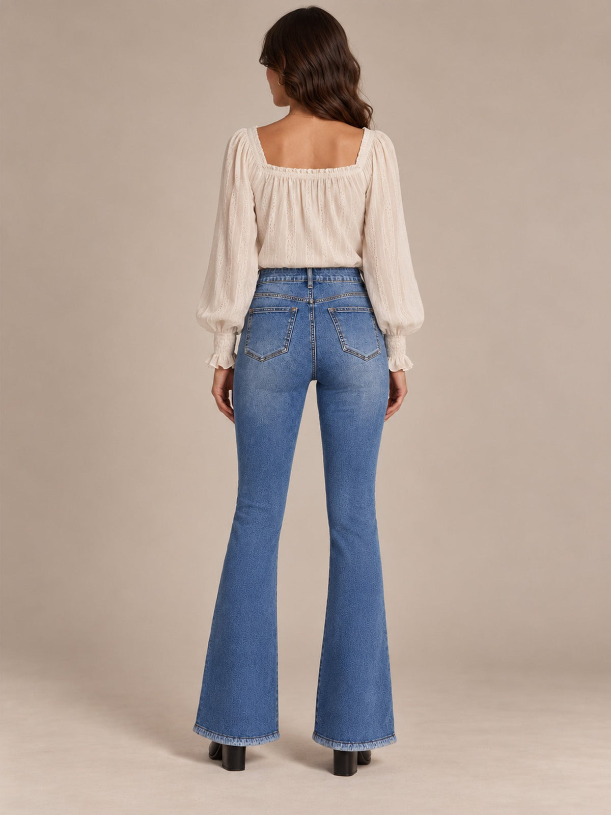 Cosima High Waist Flare Jeans – Scalloped Button Side Raw Hem - Blue