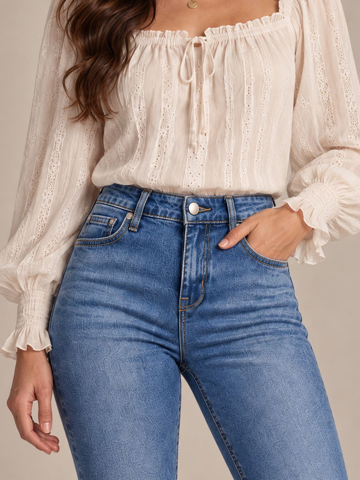 Cosima High Waist Flare Jeans – Scalloped Button Side Raw Hem - Blue