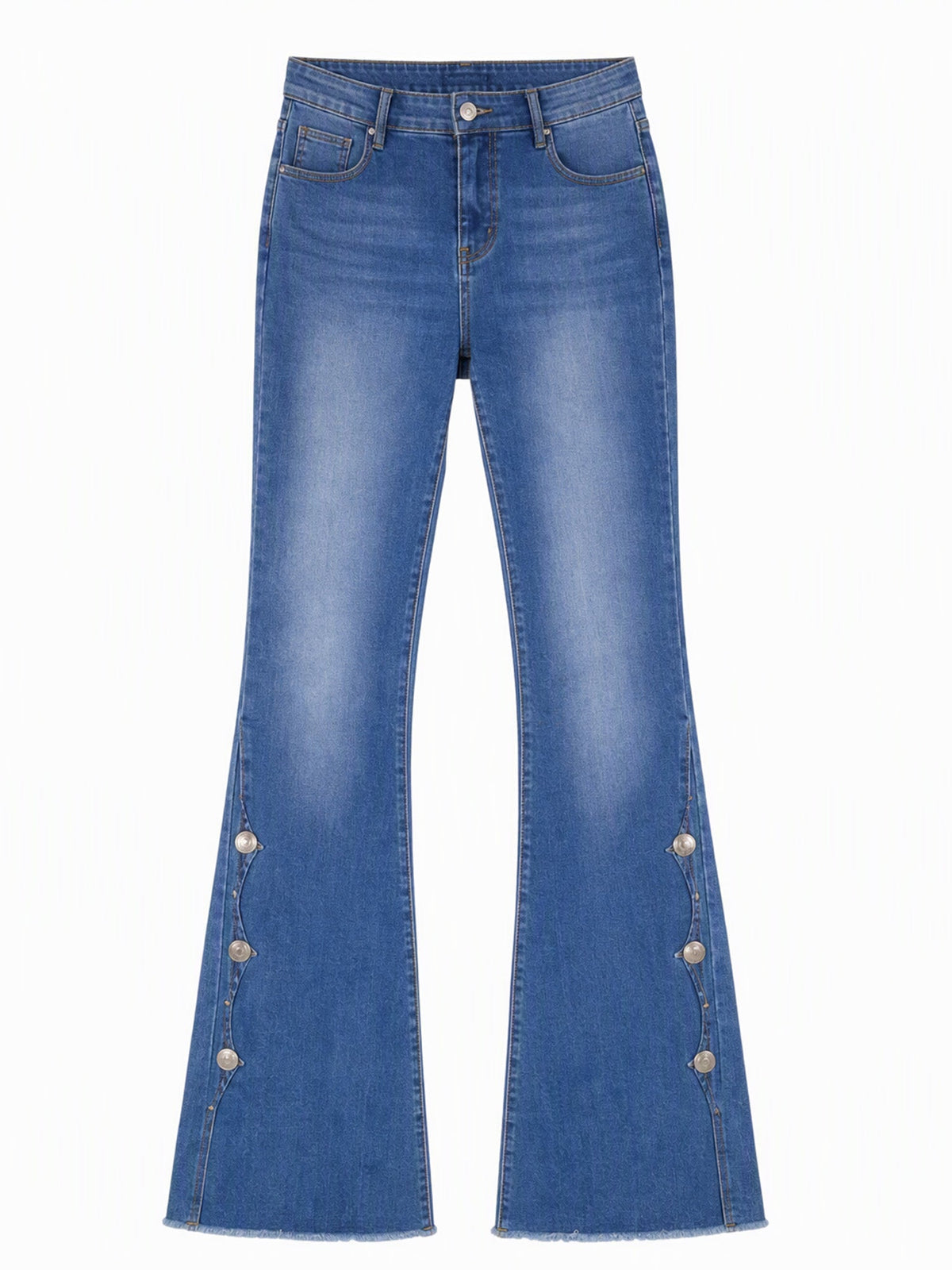 Cosima High Waist Flare Jeans – Scalloped Button Side Raw Hem - Blue