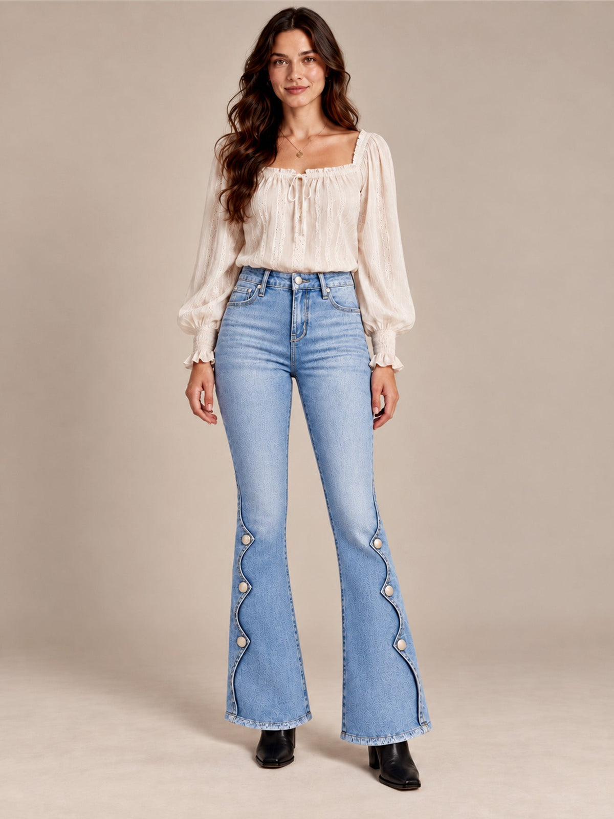 Cosima High Waist Flare Jeans – Scalloped Button Side Raw Hem - Light Blue