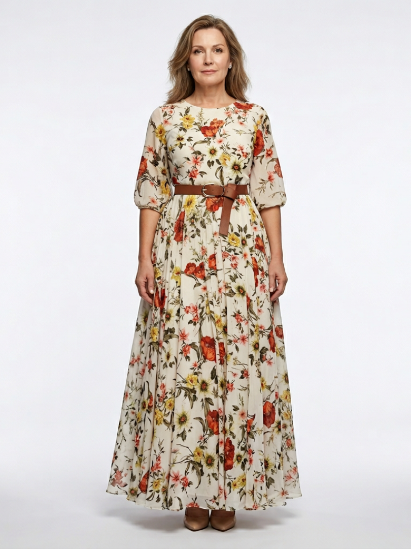 Dorvelli | Women's Maxi Dress – Round Neck Three Quarter
