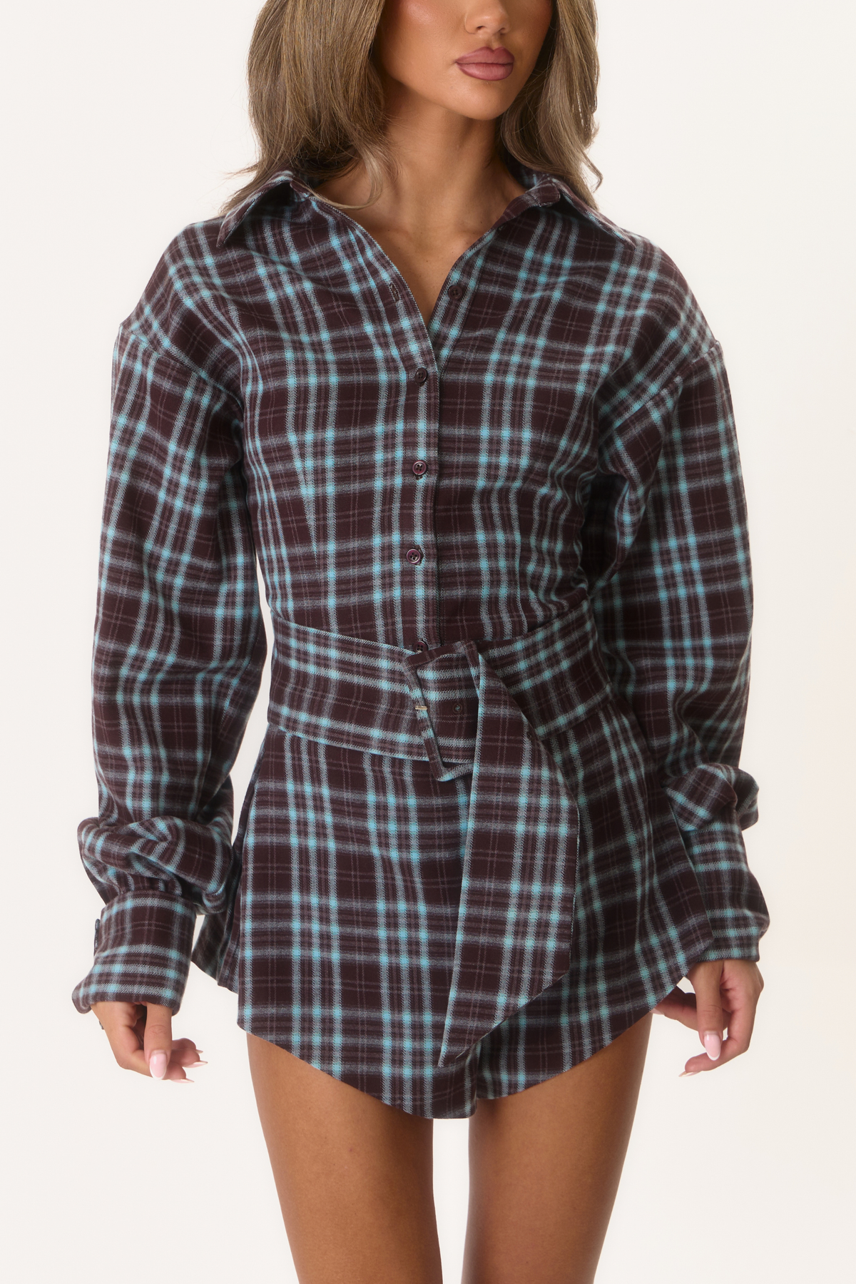 Delia Check Shoulder Pad Shirt - Maroon