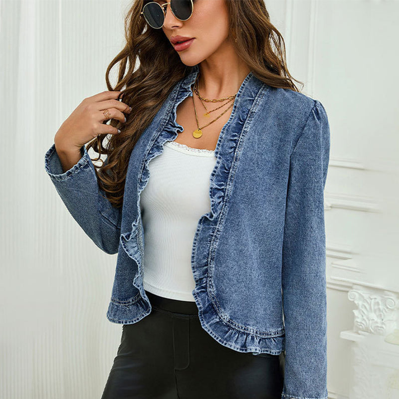 Delphine Ruffle Trim Open-Front Jacket Blue