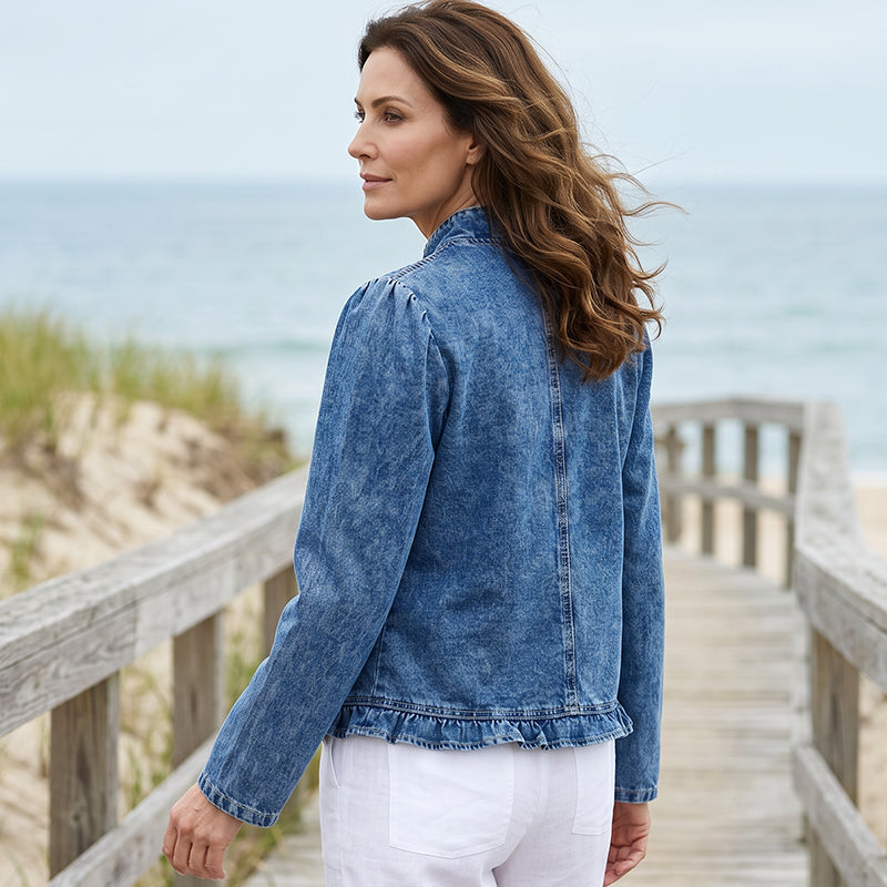 Delphine Ruffle Trim Open-Front Jacket Blue
