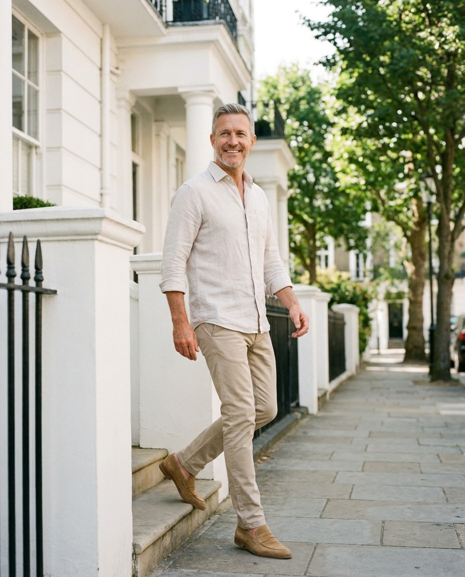 Man in tan suede loafers on London townhouse steps