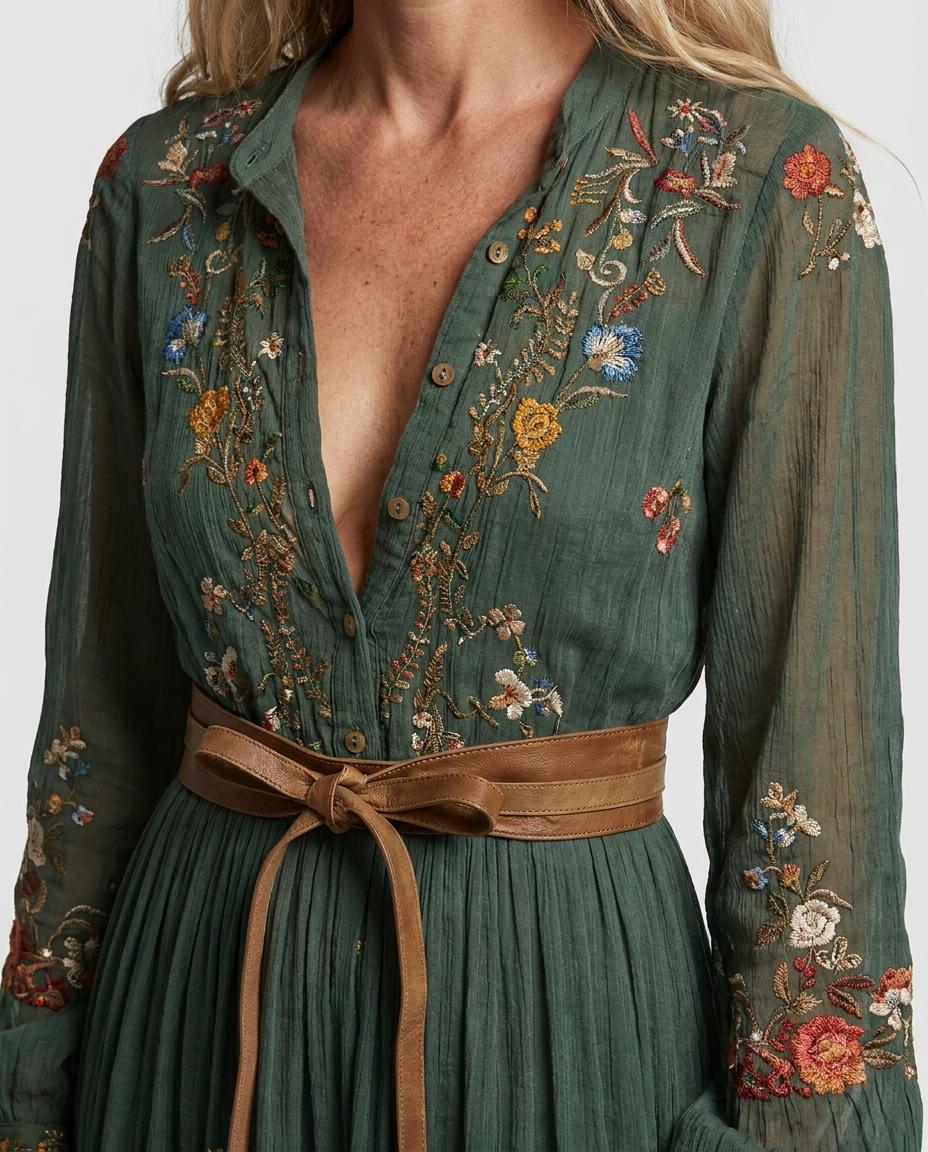 Dorvelli | Women's Bohemian Summer Maxi Dress – Embroidered V-Neck