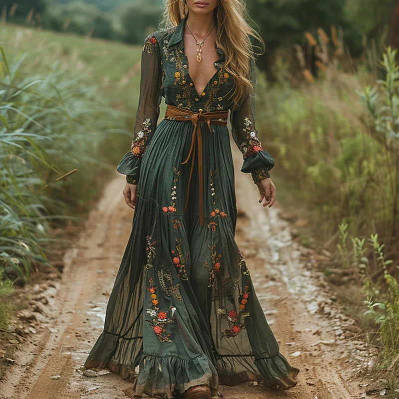 Dorvelli | Women's Bohemian Summer Maxi Dress – Embroidered V-Neck