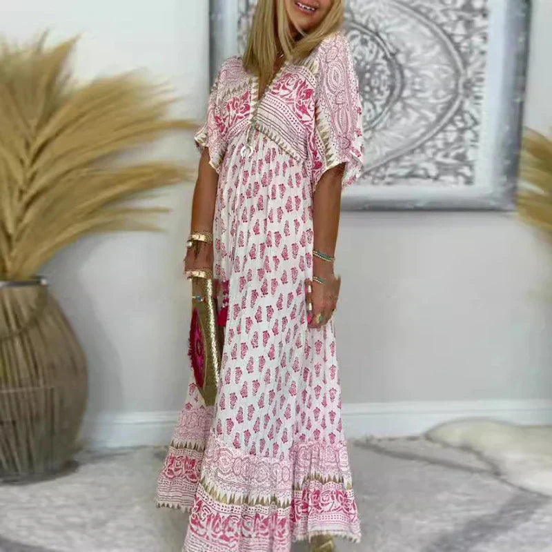 Dorvelli | Women's Boho Maxi Dress – V-Neck Print