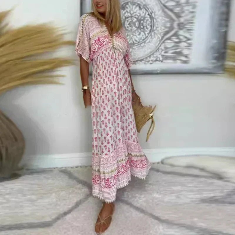 Dorvelli | Women's Boho Maxi Dress – V-Neck Print