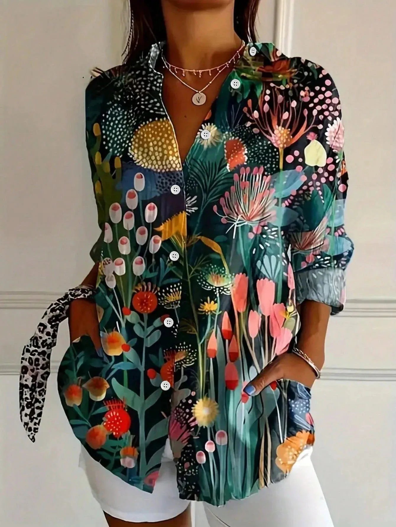 Dorvelli | Women's Long-Sleeve Blouse – Abstract Print Button-Front