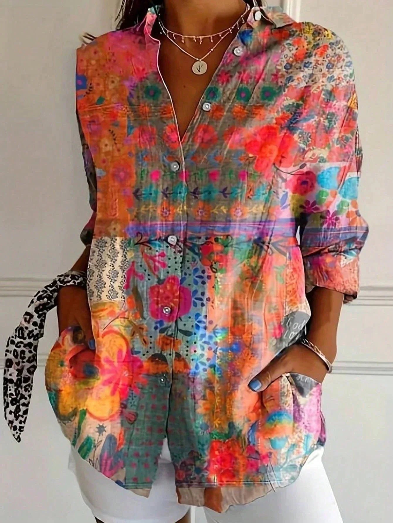 Dorvelli | Women's Long-Sleeve Blouse – Abstract Print Button-Front